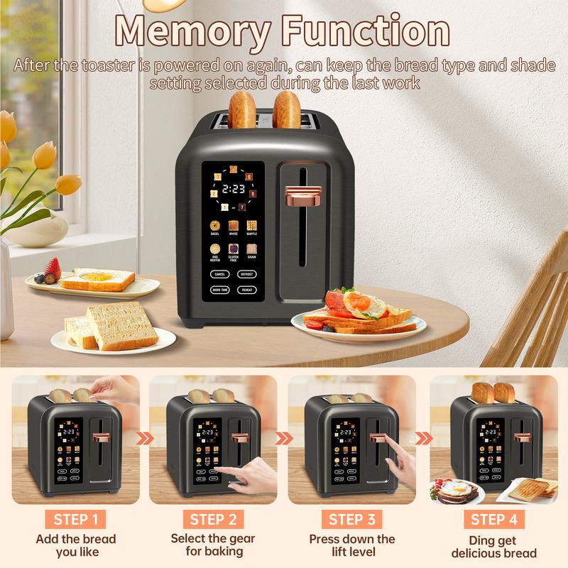 New full-touchscreen toaster, double-blade design, stainless steel body.