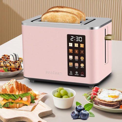 Dual-blade smart stainless steel toaster with touch screen and 6 toaster settings.