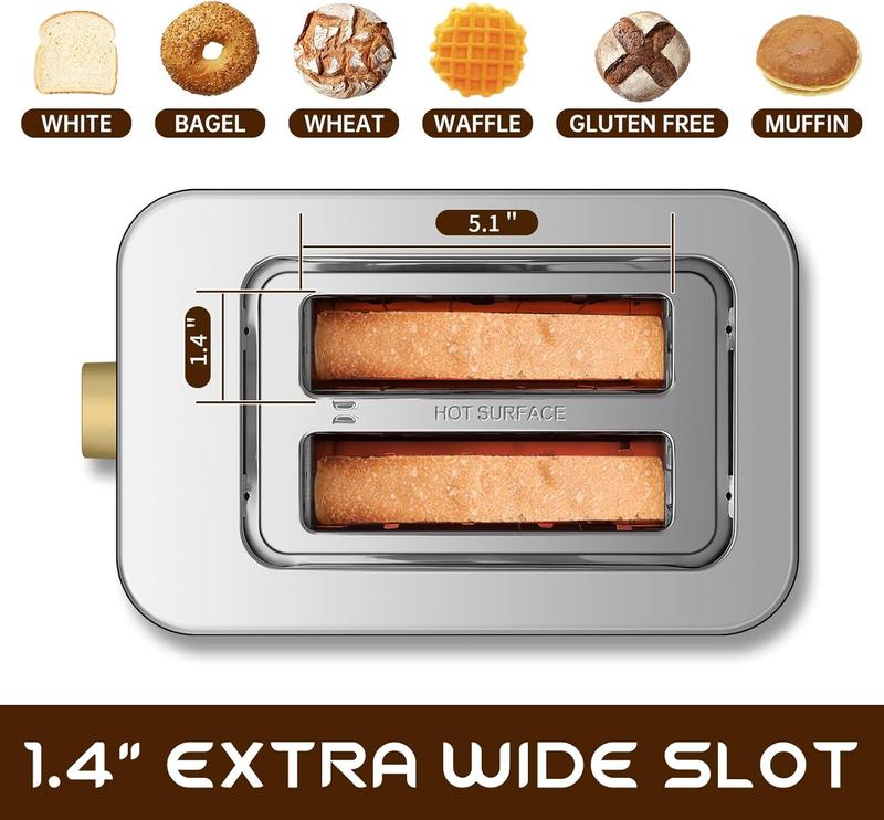 Dual-blade smart stainless steel toaster with touch screen and 6 toaster settings.