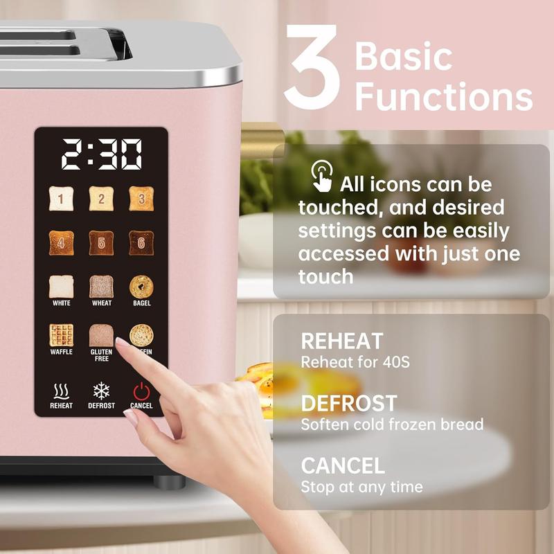Dual-blade smart stainless steel toaster with touch screen and 6 toaster settings.