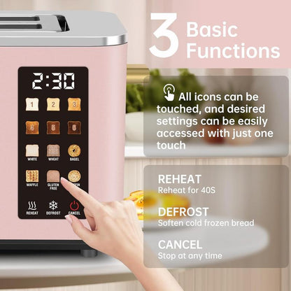 Dual-blade smart stainless steel toaster with touch screen and 6 toaster settings.