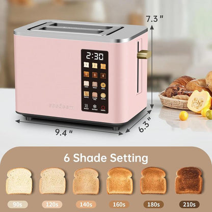 Dual-blade smart stainless steel toaster with touch screen and 6 toaster settings.