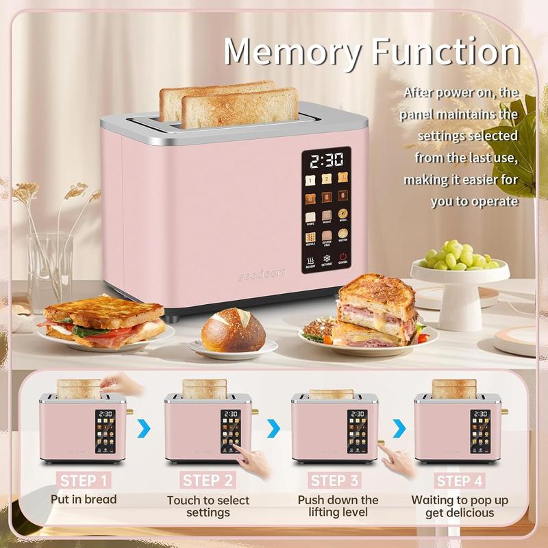 Dual-blade smart stainless steel toaster with touch screen and 6 toaster settings.