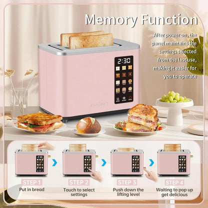 Dual-blade smart stainless steel toaster with touch screen and 6 toaster settings.