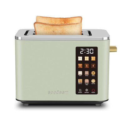 Dual-blade smart stainless steel toaster with touch screen and 6 toaster settings.