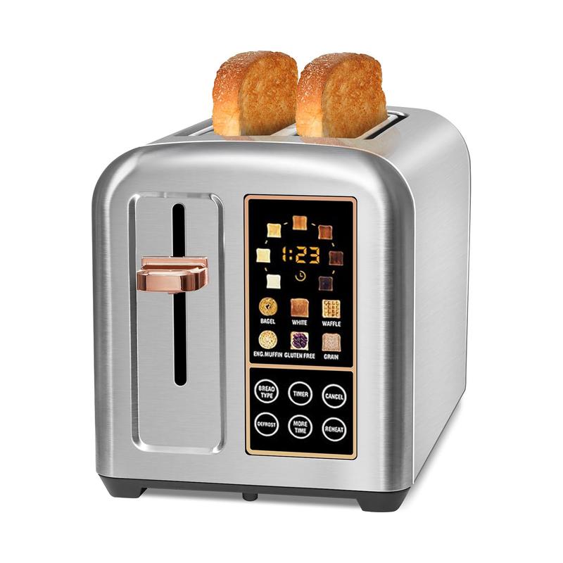Four-piece stainless steel toaster, LCD display, touch buttons, 6 bread types, 7 toasting settings.