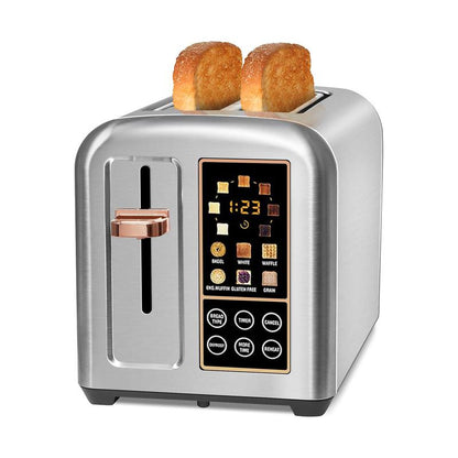Four-piece stainless steel toaster, LCD display, touch buttons, 6 bread types, 7 toasting settings.