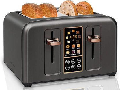 Four-piece stainless steel toaster, LCD display, touch buttons, 6 bread types, 7 toasting settings.