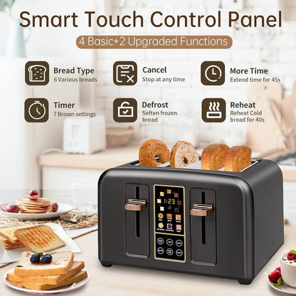 Four-piece stainless steel toaster, LCD display, touch buttons, 6 bread types, 7 toasting settings.