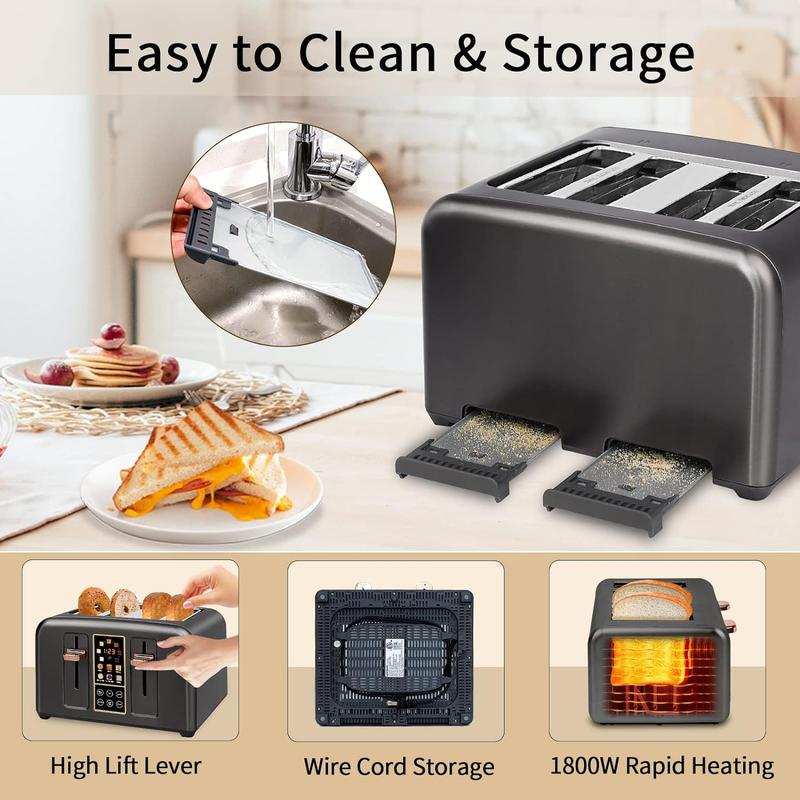 Four-piece stainless steel toaster, LCD display, touch buttons, 6 bread types, 7 toasting settings.