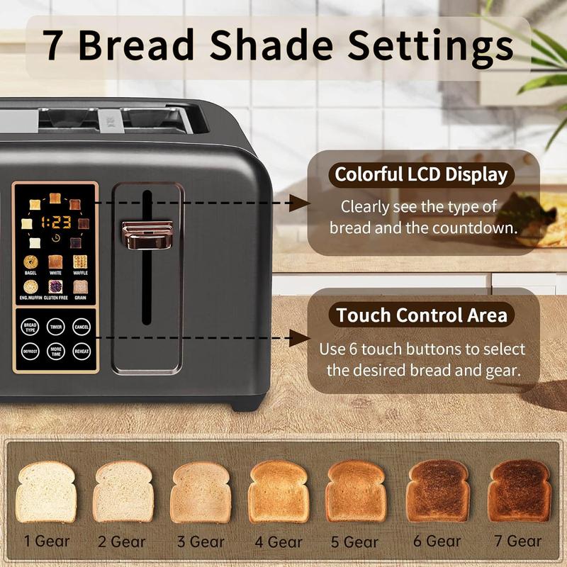 Four-piece stainless steel toaster, LCD display, touch buttons, 6 bread types, 7 toasting settings.