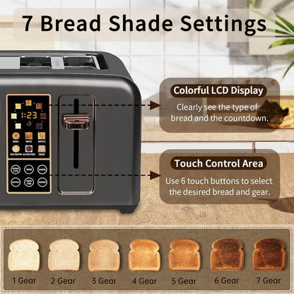 Four-piece stainless steel toaster, LCD display, touch buttons, 6 bread types, 7 toasting settings.