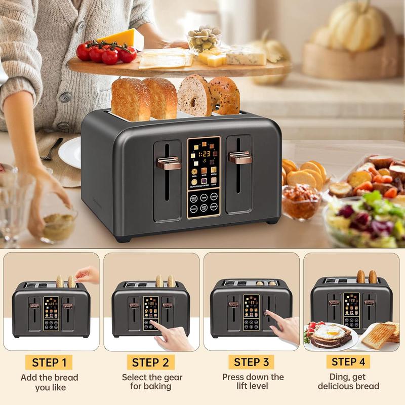 Four-piece stainless steel toaster, LCD display, touch buttons, 6 bread types, 7 toasting settings.
