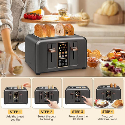 Four-piece stainless steel toaster, LCD display, touch buttons, 6 bread types, 7 toasting settings.