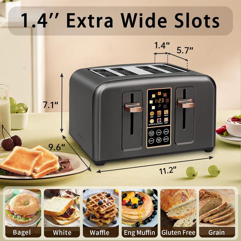 Four-piece stainless steel toaster, LCD display, touch buttons, 6 bread types, 7 toasting settings.
