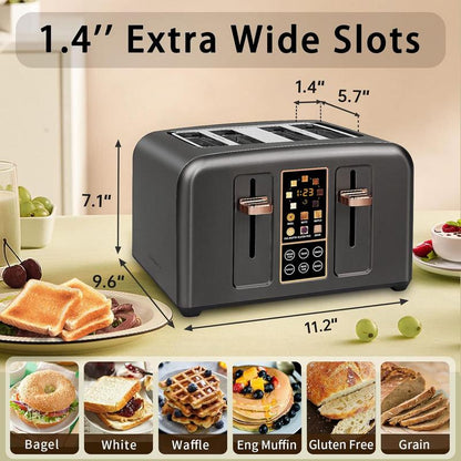 Four-piece stainless steel toaster, LCD display, touch buttons, 6 bread types, 7 toasting settings.
