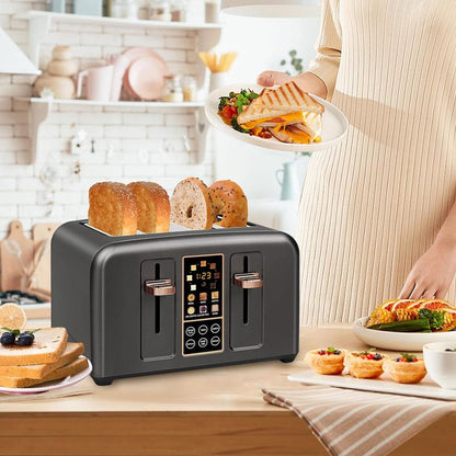 Four-piece stainless steel toaster, LCD display, touch buttons, 6 bread types, 7 toasting settings.