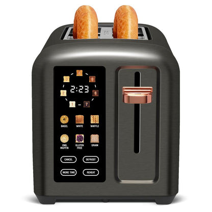 New full-touchscreen toaster, double-blade design, stainless steel body.
