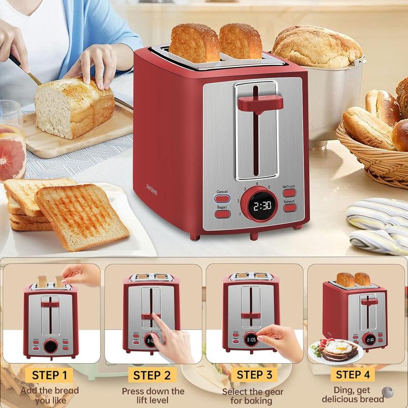 Dual-slice toaster with LCD display and 7 toasting settings.