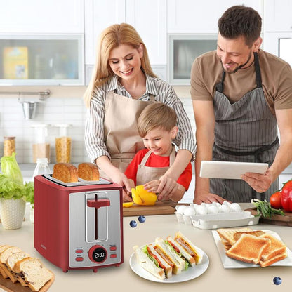 Dual-slice toaster with LCD display and 7 toasting settings.