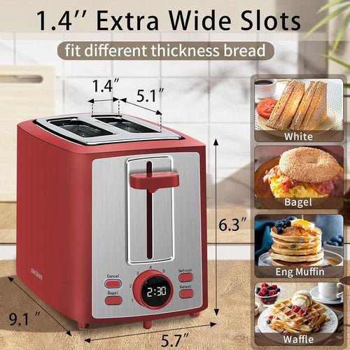 Dual-slice toaster with LCD display and 7 toasting settings.