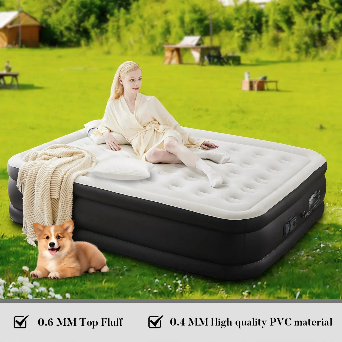 Double Height Inflatable Air Mattress with Built In Pump Non Slip Air Bed for Home and Camping