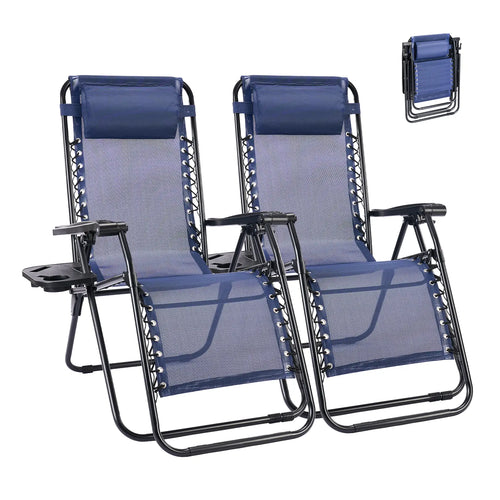 Zero Gravity Set of 2 Folding Lounge Chairs with Cup Holder Trays, Adjustable Pillow, Camping and Poolside Accessory, Outdoor Design