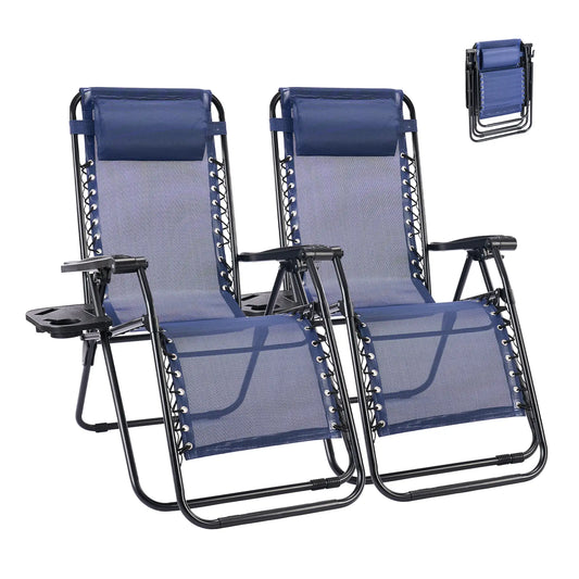 Zero Gravity Set of 2 Folding Lounge Chairs with Cup Holder Trays, Adjustable Pillow, Camping and Poolside Accessory, Outdoor Design