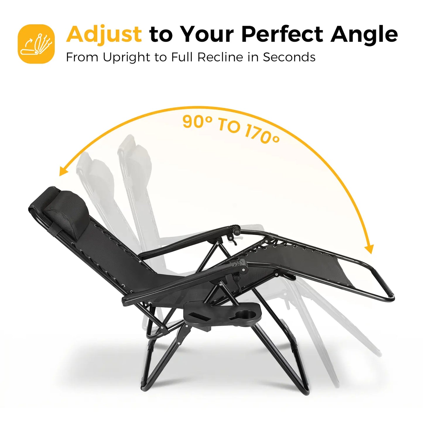 Zero Gravity Set of 2 Folding Lounge Chairs with Cup Holder Trays, Adjustable Pillow, Camping and Poolside Accessory, Outdoor Design