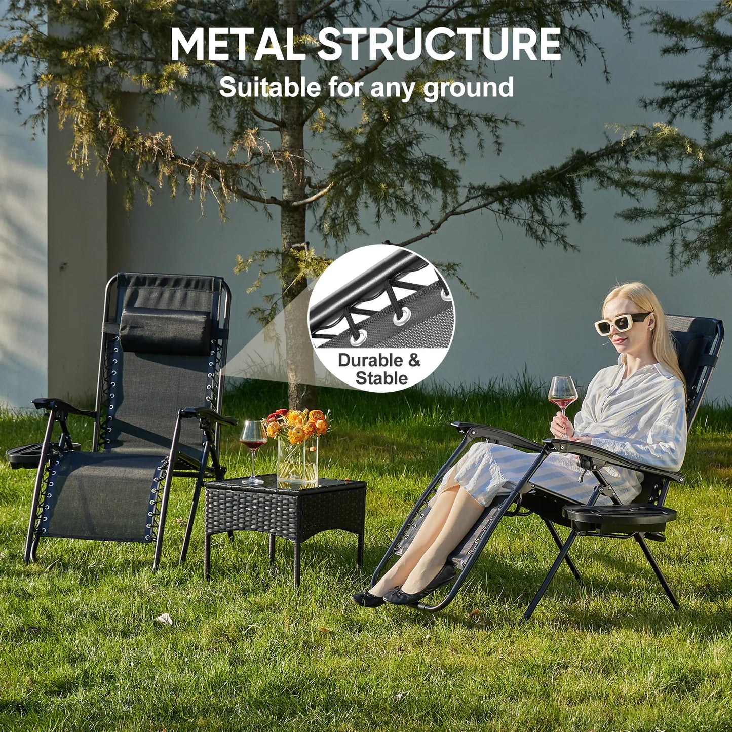 Zero Gravity Set of 2 Folding Lounge Chairs with Cup Holder Trays, Adjustable Pillow, Camping and Poolside Accessory, Outdoor Design