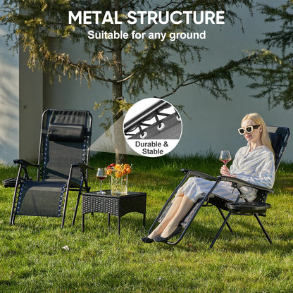 Zero Gravity Set of 2 Folding Lounge Chairs with Cup Holder Trays, Adjustable Pillow, Camping and Poolside Accessory, Outdoor Design