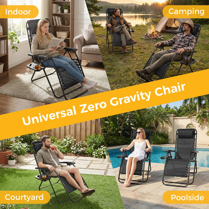 Zero Gravity Set of 2 Folding Lounge Chairs with Cup Holder Trays, Adjustable Pillow, Camping and Poolside Accessory, Outdoor Design