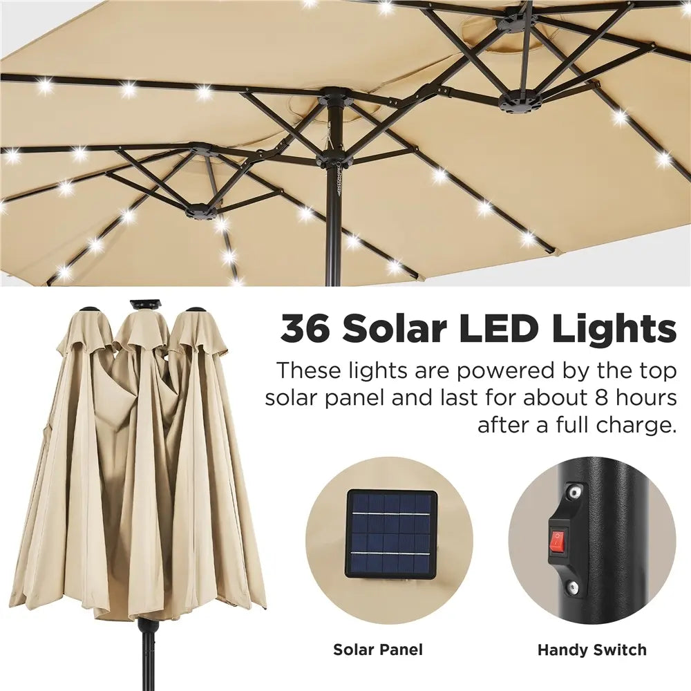 Yaheetech 13/15ft Double-Sided Patio Umbrella with 36 LED Lights, Crank and Base for Garden, Backyard and Pool