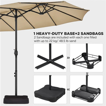 Yaheetech 13/15ft Double-Sided Patio Umbrella with 36 LED Lights, Crank and Base for Garden, Backyard and Pool