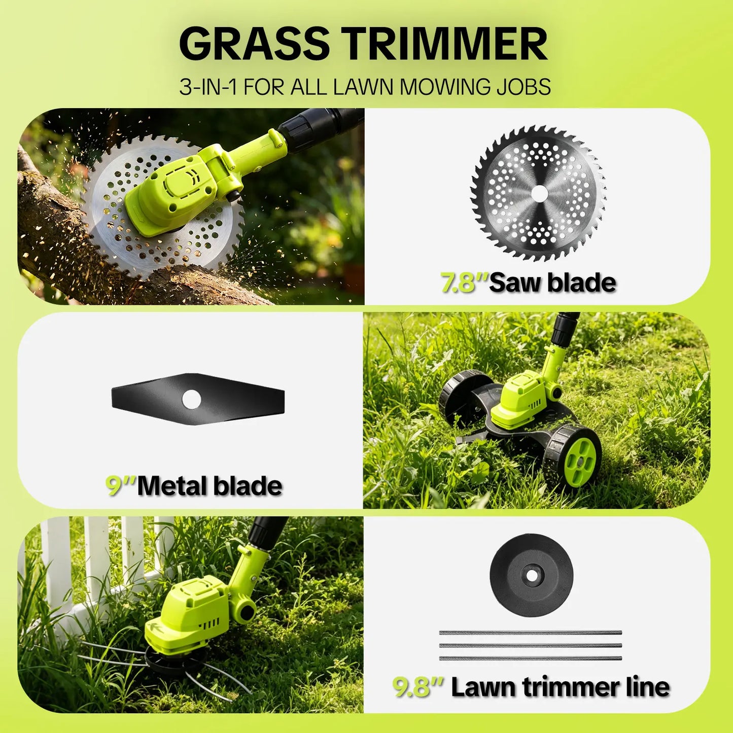 3 In 1 Cordless Lawn Mower & Grass Trimmer Kit with 2 Rechargeable Batteries for Garden & Yard Care
