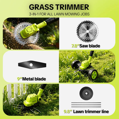3 In 1 Cordless Lawn Mower & Grass Trimmer Kit with 2 Rechargeable Batteries for Garden & Yard Care