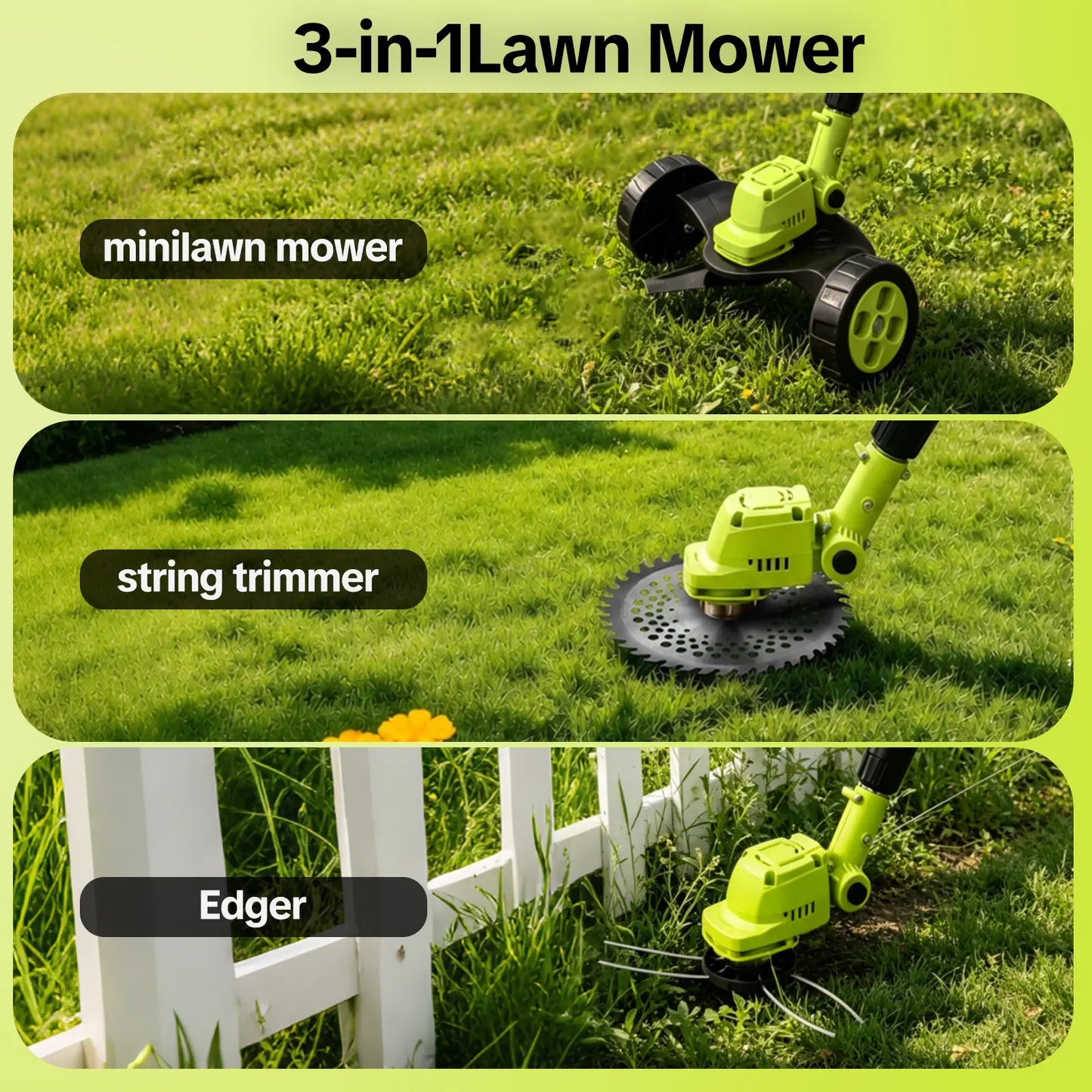 3 In 1 Cordless Lawn Mower & Grass Trimmer Kit with 2 Rechargeable Batteries for Garden & Yard Care